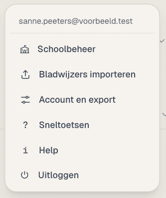 Het accountmenu met Account en export, Schoolbeheer, Bladwijzers importeren, Help en uitleg, Sneltoetsen en Uitloggen