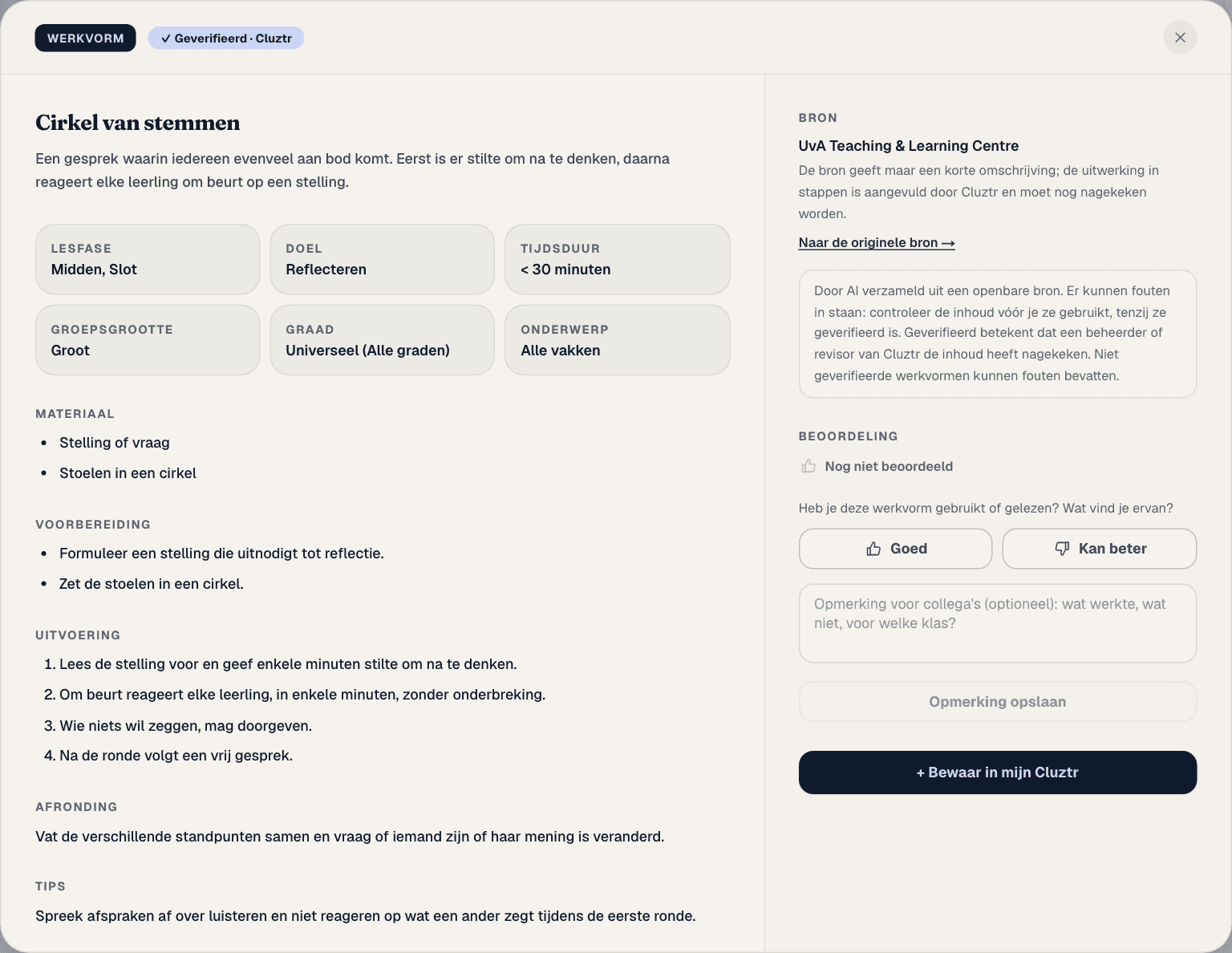 Het detailvenster van een bibliotheekwerkvorm met materiaal, voorbereiding, uitvoering, afronding en tips