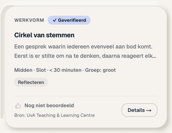 Een kaart in de bibliotheek met label Geverifieerd, titel, lesfase, duur, groepsgrootte, doel en bron