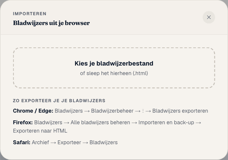 Het venster Bladwijzers uit je browser met een zone om het bestand te kiezen en uitleg per browser