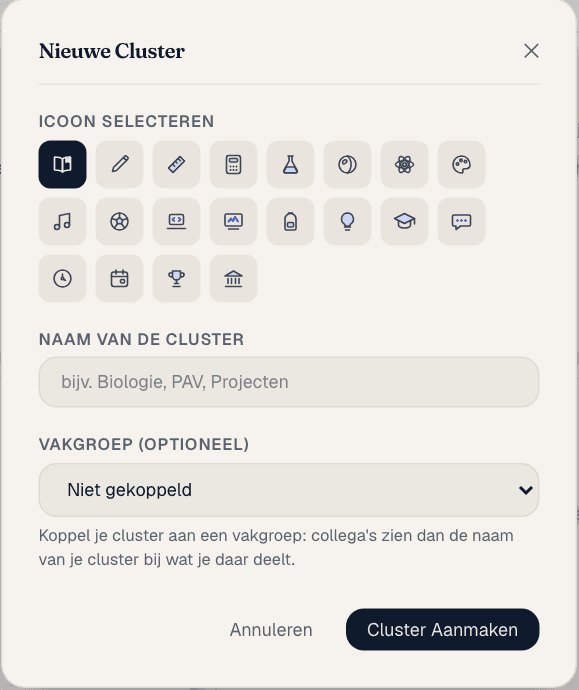 Het venster Nieuwe cluster met pictogrammen, naam en vakgroep