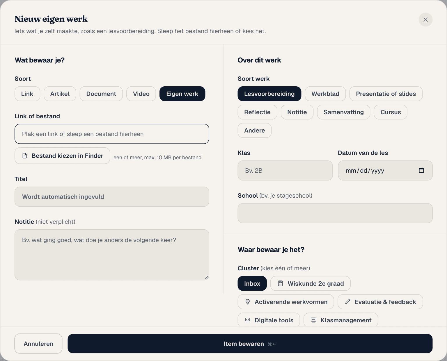 Het venster Nieuw eigen werk met soort werk, klas, datum van de les, school en notitie