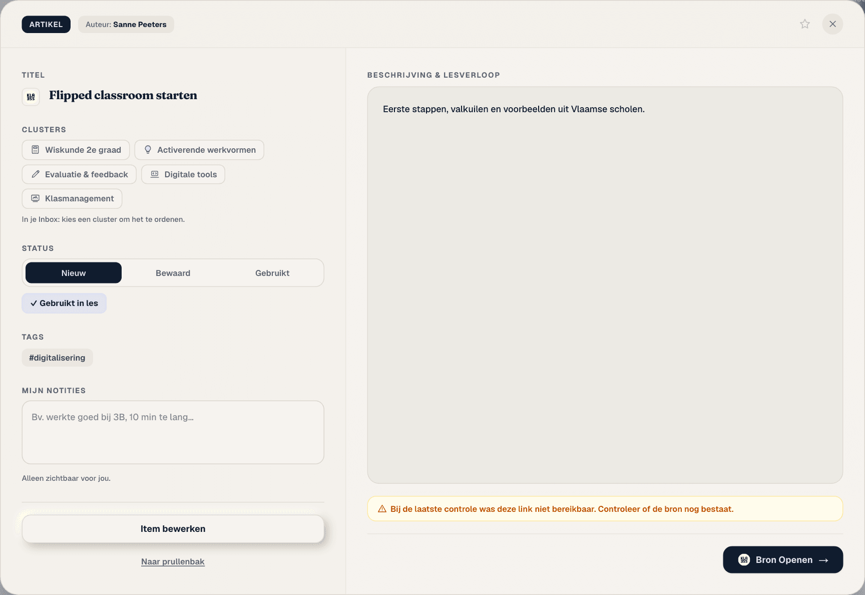 Het detailvenster van een item met clusters, status, tags en notities