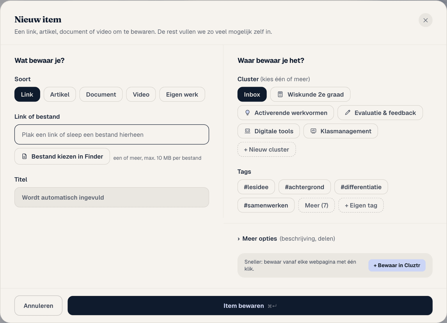 Het venster Nieuw item met soort, link, titel, cluster en tags