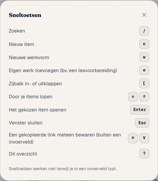 Het overzicht van sneltoetsen