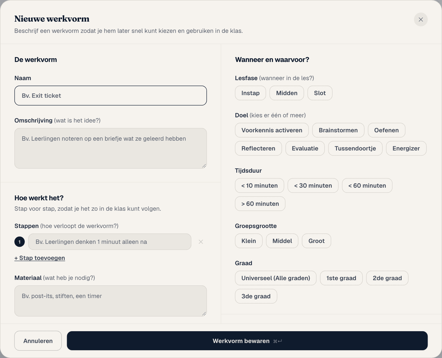 Het venster Nieuwe werkvorm met naam, omschrijving, stappen, materiaal, lesfase, doel, tijdsduur en groepsgrootte